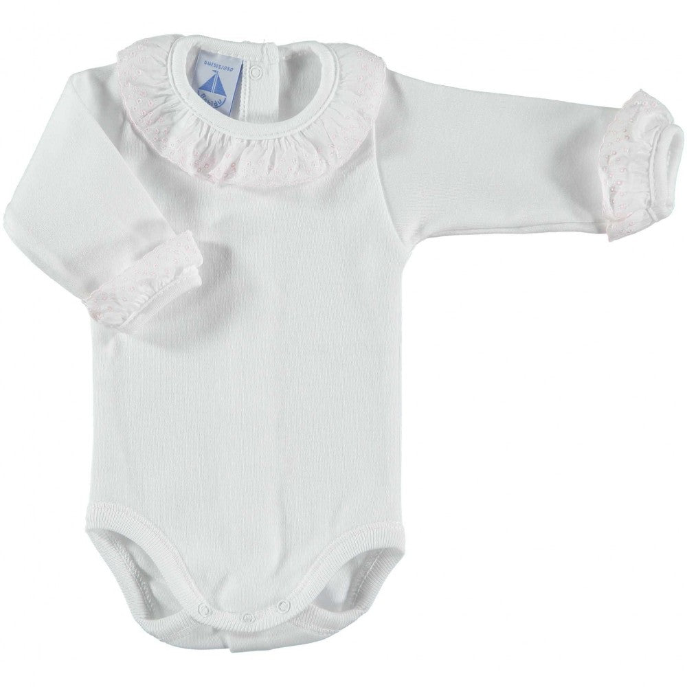 Babidu White Cotton & Pink Frill Bodysuit