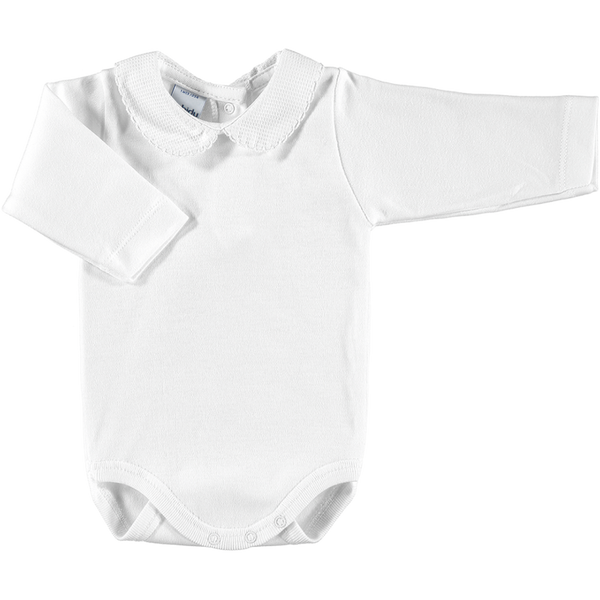Babidu White Cotton Bodysuit with Textured Peter Pan Collar