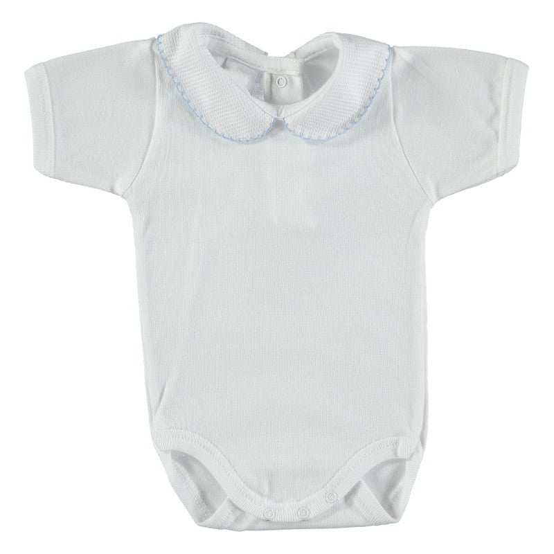 Babidu White Cotton Short Sleeved Bodysuit with Blue Trimmed Collar
