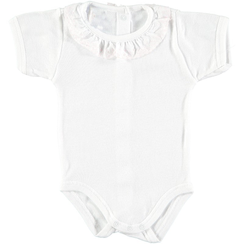 Babidu White Cotton & Pink Frill Short Sleeved Bodysuit