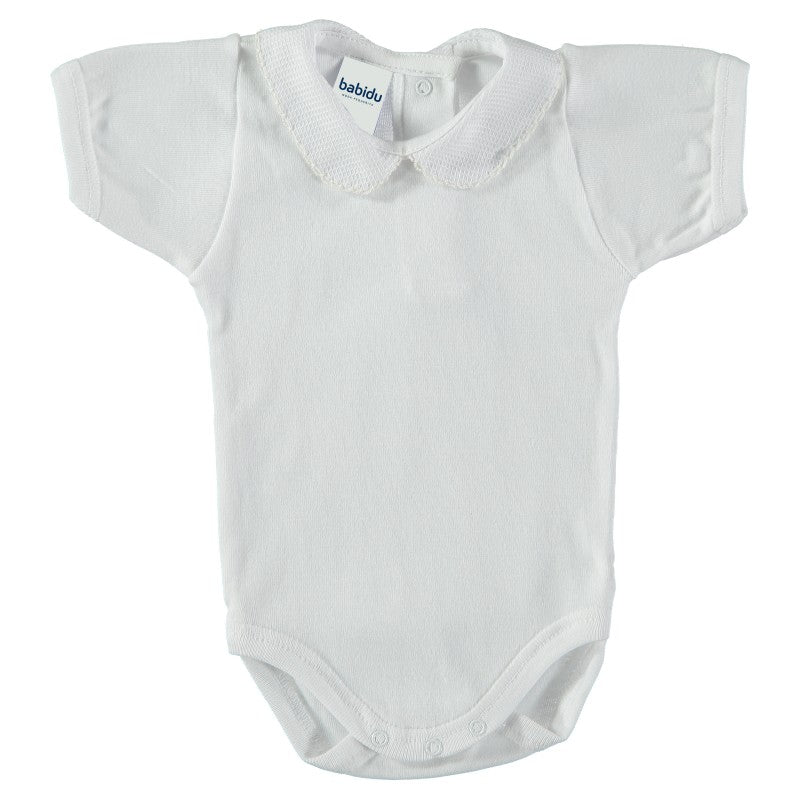 Babidu White Cotton Bodysuit with Textured Peter Pan Collar
