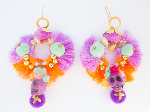 LC Tartaruga Purple Orange Skull Tassel Earrings