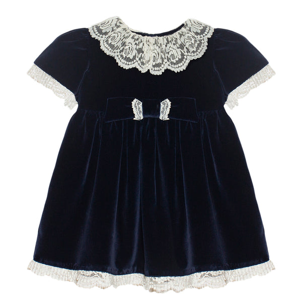 Patachou Girls Navy Velvet & Lace Dress