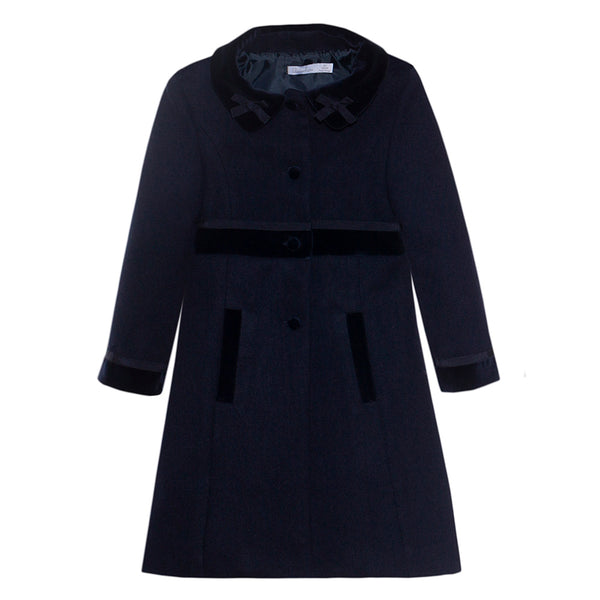 Patachou Girls Navy Blue Coat With Velvet Trims Lucas Luna