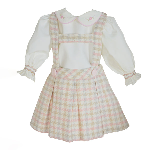 Pretty Originals Baby Girls Pink & Cream Herringbone Pinafore Skirt Set