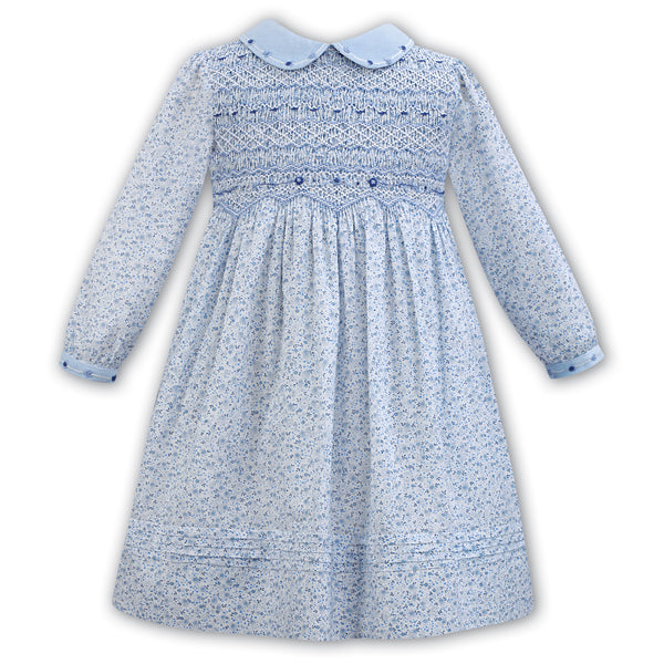 Sarah Louise Girls Blue Floral Hand-Smocked Dress