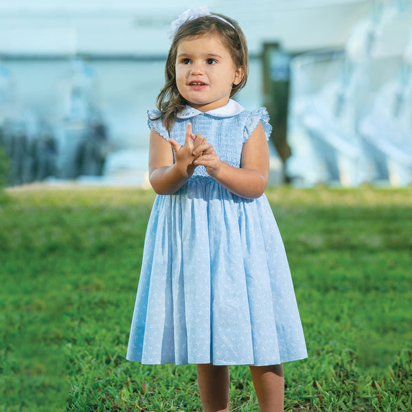 Sarah Louise Girls Blue Hand Smocked Dress