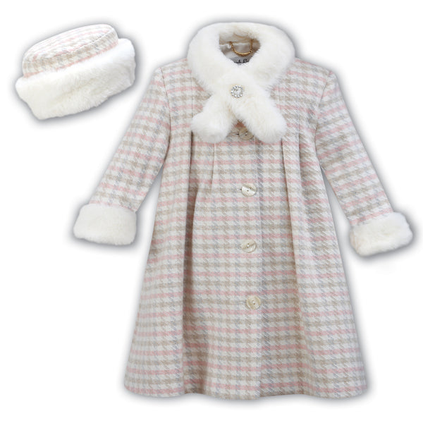 Sarah Louise Girls Check Wool Coat & Hat Set