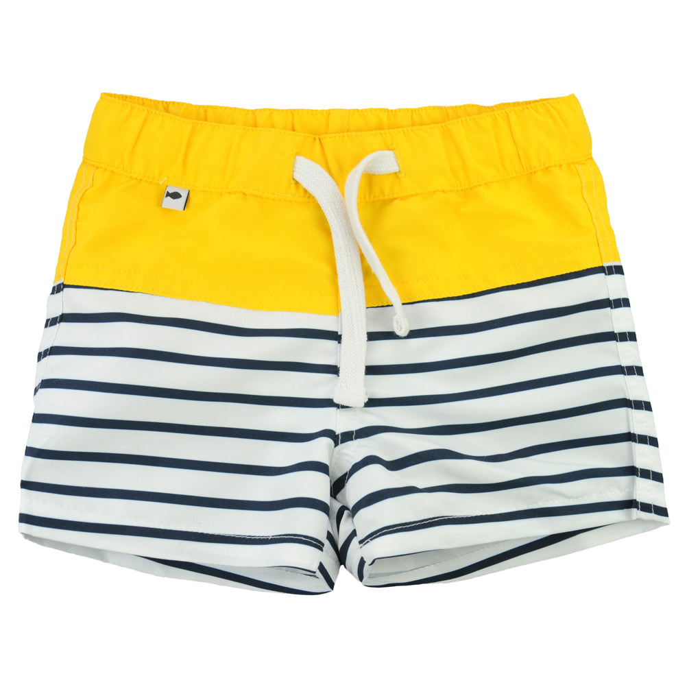 Weekend à la Mer Boys Navy & Yellow Striped Swim Shorts
