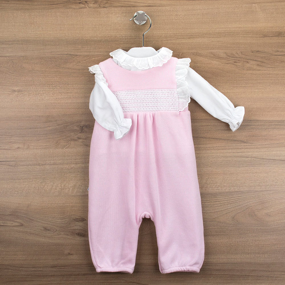 Babidu Baby Girls Pink & White Dungarees Set