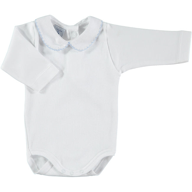 Babidu White Bodysuit with Blue Trimmed Collar