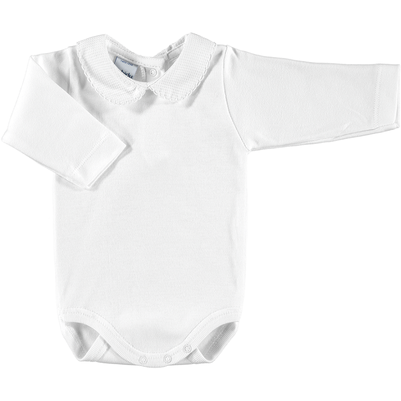 Babidu White Cotton Bodysuit with Textured Peter Pan Collar