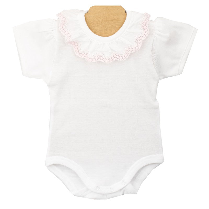 Babidu White Cotton & Pink Trim Short Sleeved Bodysuit