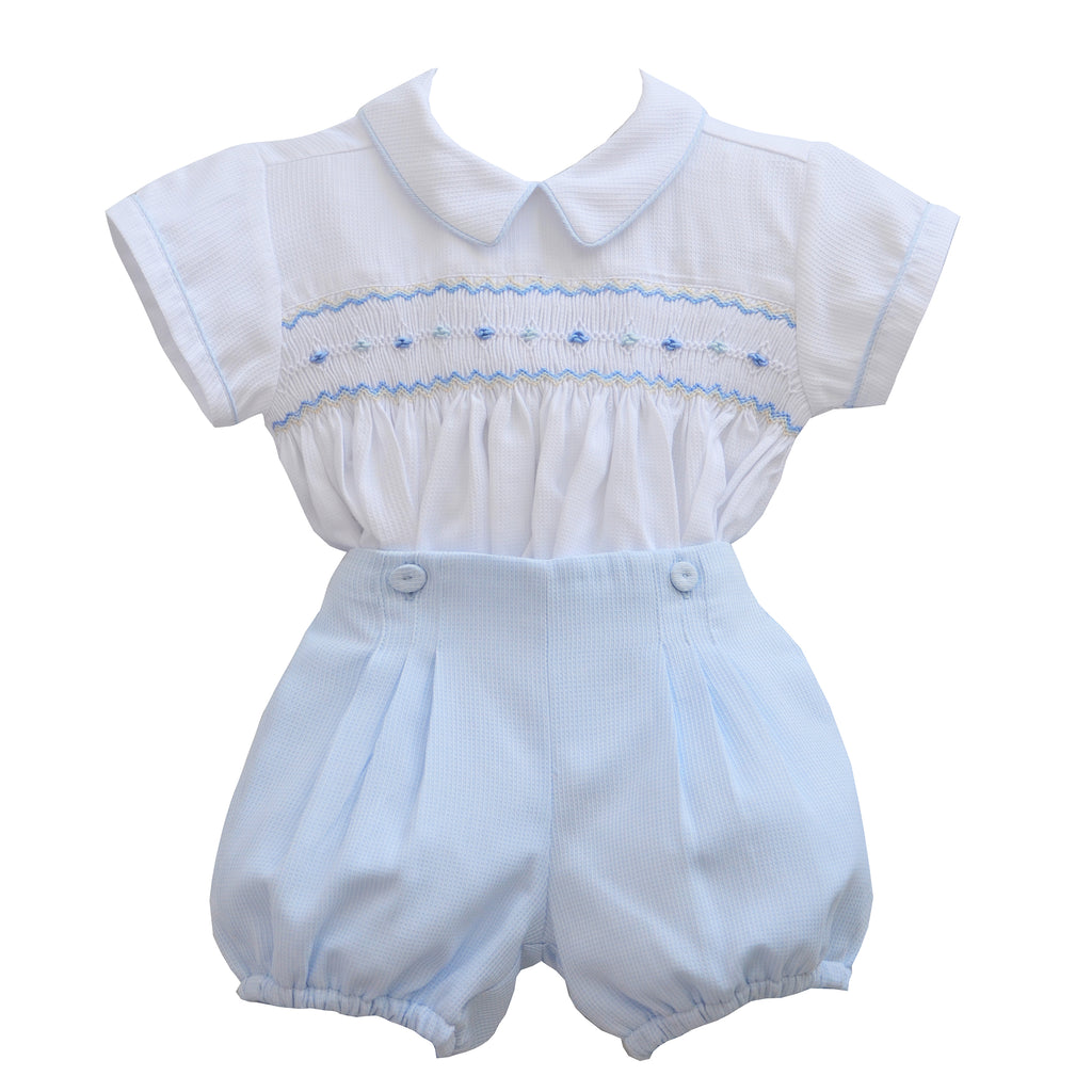Pretty Originals Baby Boys White & Blue Smocked Shorts Set
