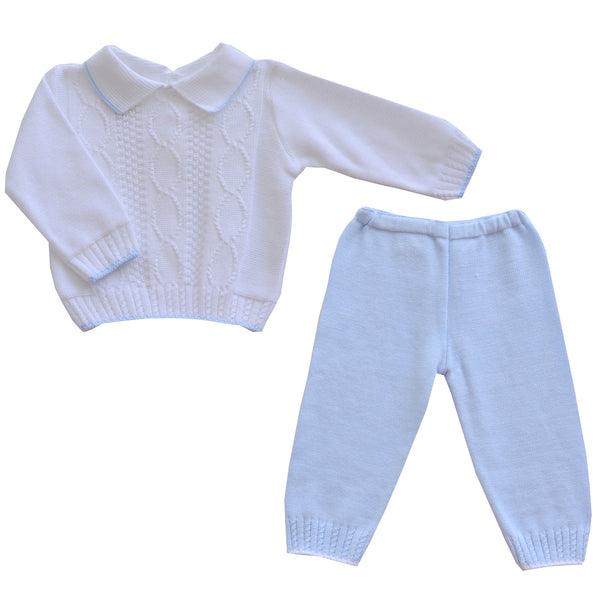 Pretty Originals Baby Boys White & Blue Trouser Set