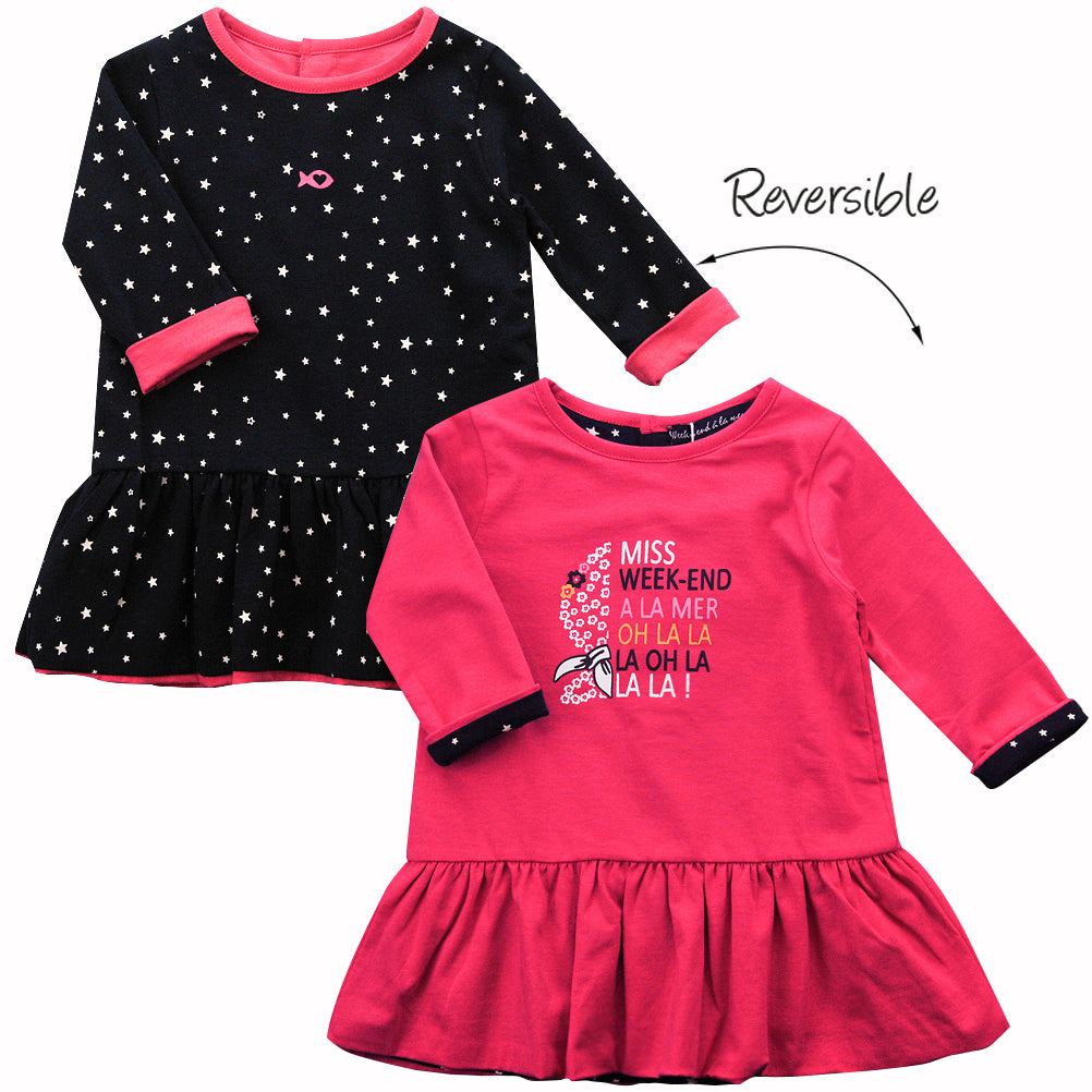 Weekend à la Mer Girls Pink & Navy Reversible Dress